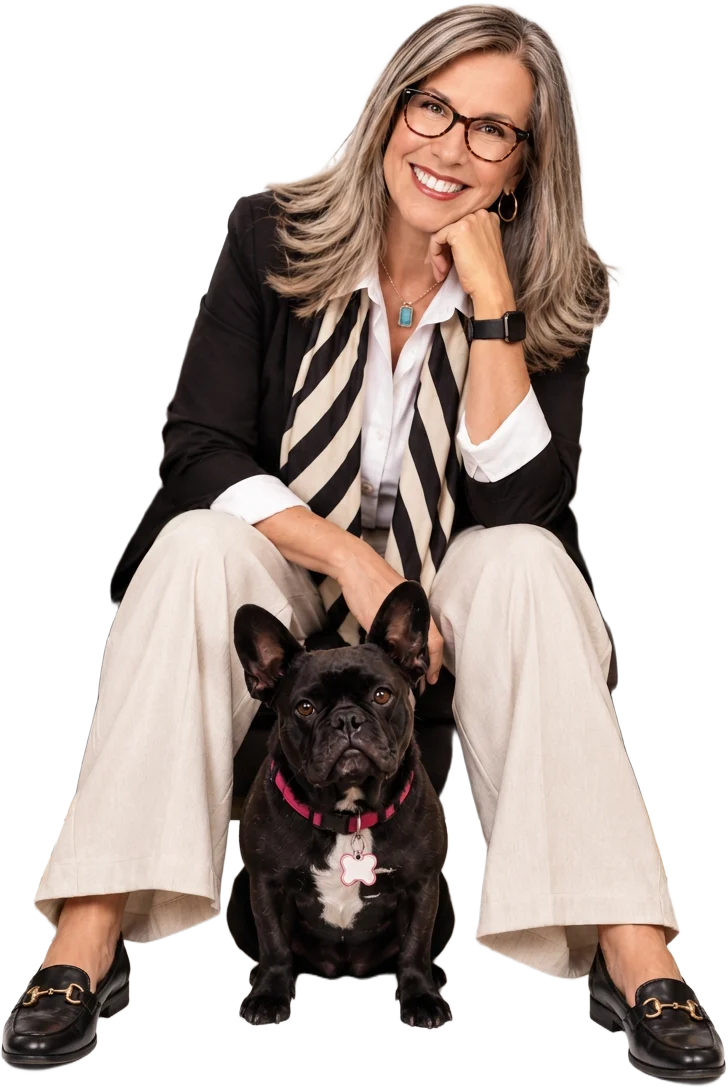 Liz McPherson smiling, with her French bulldog Tootie sitting at her feet